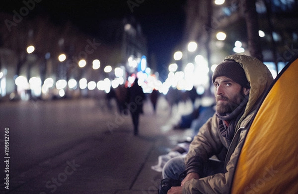 Fototapeta Urban Homeless Man with Street Tents: Highlighting Housing Crisis, Poverty, and Social Inequality in City Life – Temporary Shelters, and the Struggles of the Unhoused Community