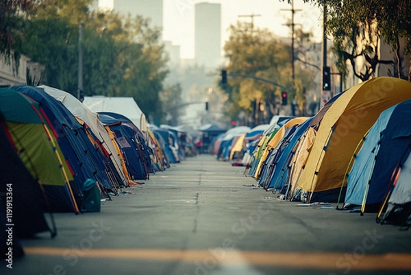 Fototapeta Homeless Tents in an Urban Cityscape: A Stark Depiction of Poverty, Housing Crisis, and Social Inequality – Highlighting Street Encampments, Temporary Shelters, and Urban Struggles in Public Spaces