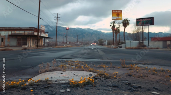 Fototapeta Abandoned Street in Rural America: A Stark Depiction of Poverty, Economic Decline, and Urban Decay – Highlighting Neglected Buildings, Deserted Neighborhoods, and the Struggles of Poverty-Stricken Tow