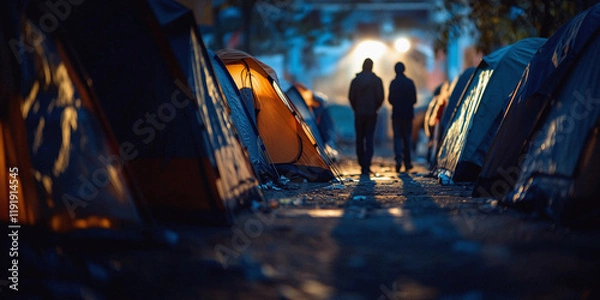 Fototapeta Urban Homeless Encampment with Street Tents showing two people in the housing crisis and poverty  in City Life – Temporary Shelters, Public Spaces, and the Struggles of the Unhoused Community