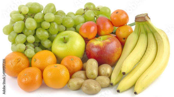 Fototapeta Fresh colorful vegetables and fruits arranged in vibrant pattern on white surface, symbolizing healthy diet and nutrition for digestive wellness and gut health.