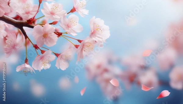 Obraz 桜の花びらが風に吹かれて飛んでいます　背景は淡い水色でぼやけています  青い空