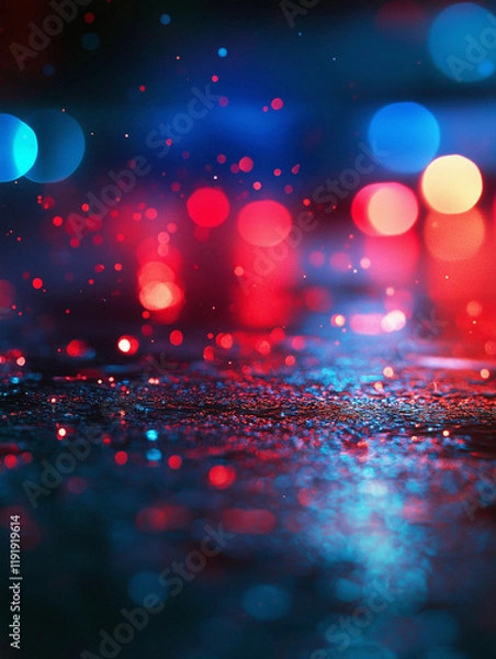 Fototapeta Abstract Emergency Scene: Flashing Police and Ambulance Lights in the Rain, Capturing the Intensity of Emergency Response, Public Safety, and Crisis Management on Wet Urban Streets at Night
