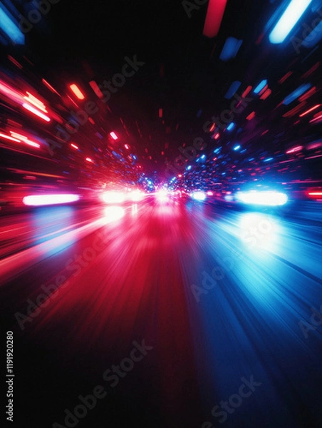Fototapeta Red and Blue Sirens Flashing: Intensity of Police and Ambulance Emergency Lights, First Responders, and Crisis Response in Nighttime Urban Scenes – A Visual of Urgency and Rescue