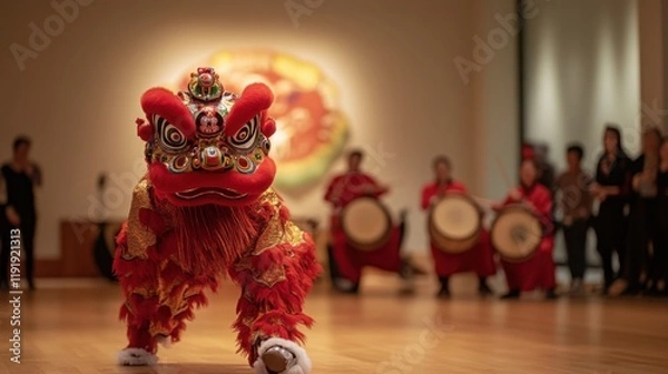 Fototapeta A lion dance performance with vibrant red and gold costumes and drummers in the background
