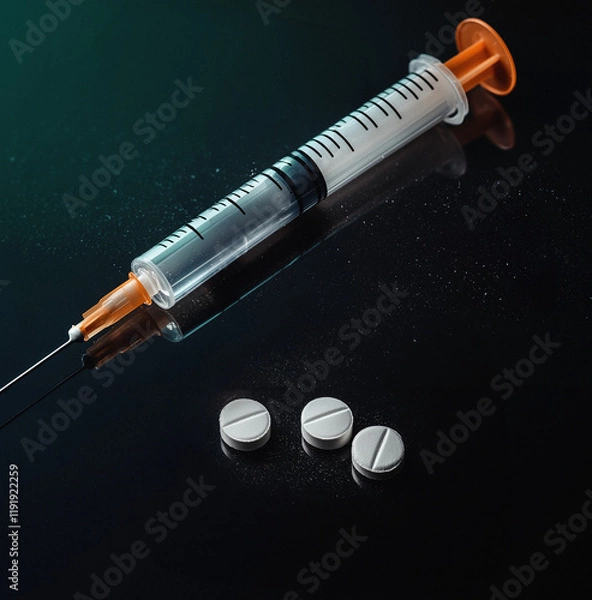 Fototapeta Syringe and White Pills on Black Background: Drug Addiction, Opioid Crisis, Overdose, and Substance Abuse – Highlighting the Struggles of Dependency and the Fight for Recovery