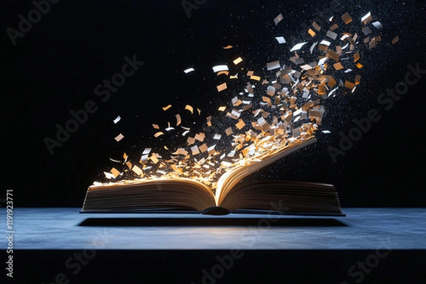 Fototapeta Abstract glowing book with words streaming into a screen, showcasing a futuristic storytelling concept