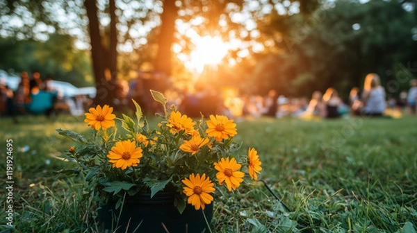 Fototapeta A serene park with children playing, vibrant flowers blooming, and soft sunlight streaming through trees.