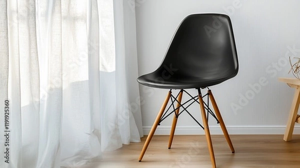 Fototapeta Black plastic chair with wooden legs near window.