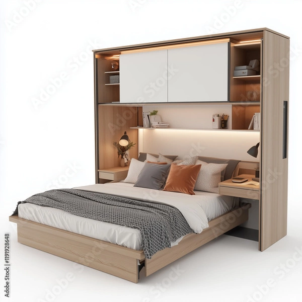 Fototapeta Comfortable wooden bed with built-in storage and shelves, ideal for modern space-saving solutions.