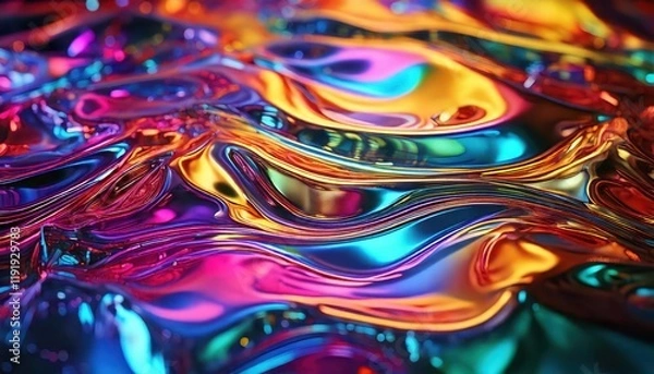 Fototapeta Liquid Rainbow: An abstract image of vibrant, iridescent liquid swirling in captivating patterns, reminiscent of a cosmic nebula or a kaleidoscope of color.
