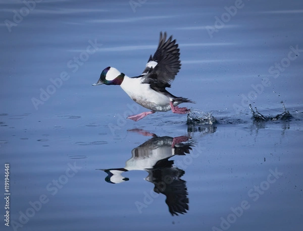 Fototapeta A Bufflehead Duck coming in for a landing while skipping along the surface of the water.