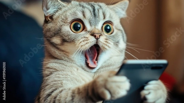 Fototapeta Funny shocked cat with its mouth open in surprise, sitting upright and furiously typing on a smartphone with paws.