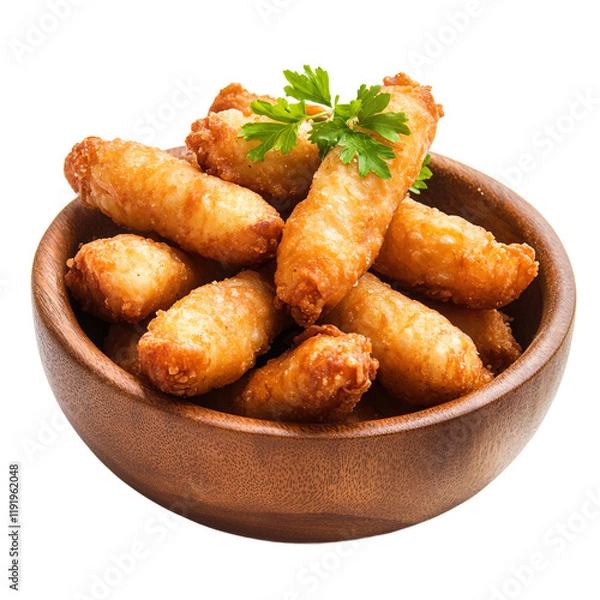 Fototapeta  A wooden bowl containing fried chicken spring rolls, set against isolated on transparent background
