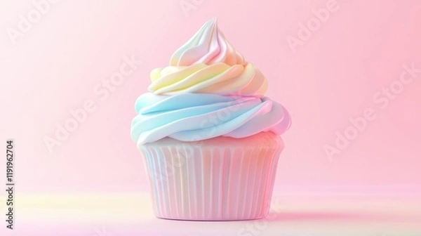 Fototapeta Minimalist pastel cupcake with smooth swirls of rainbow frosting, soft pinks, blues, and yellows glowing on a clean light background.
