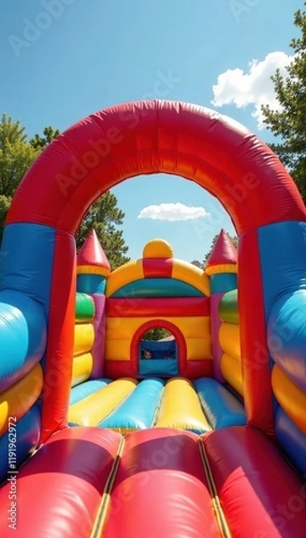 Fototapeta Colorful inflatable archway entrance with bouncy castle, inflatable, recreation
