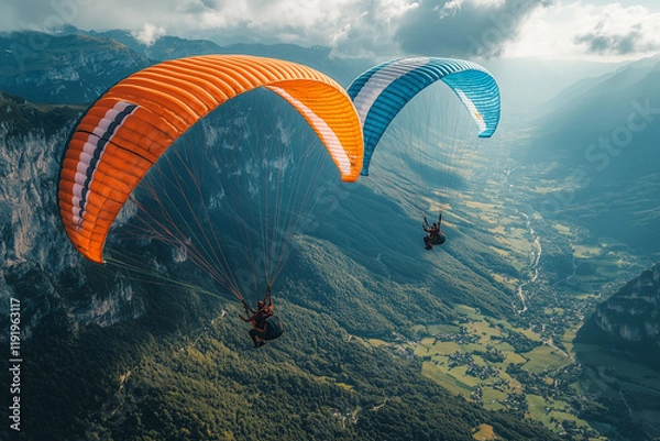 Obraz two paragliders soaring over scenic mountain valleys with vibrant parachutes