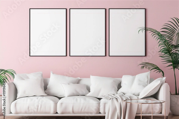 Fototapeta Living room interior with couch and blank photo frame on the wall, version 107