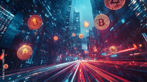Fototapeta Bitcoin Cryptocurrency in a Futuristic Cyber City with Speeding Lights