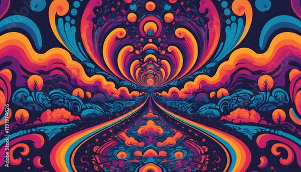 Fototapeta "A mesmerizing psychedelic background filled with swirling, vibrant colors and intricate patterns. The design features a kaleidoscope of neon hues, fluid shapes, and trippy gradients,"
