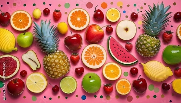 Fototapeta A vibrant flat lay of assorted fruits on a pink background.