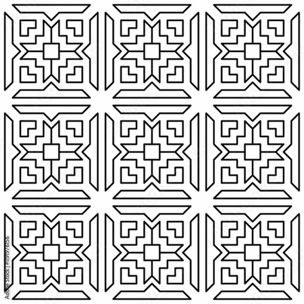 Fototapeta Seamless black and white geometric pattern with symmetrical lines and shapes in a grid layout.