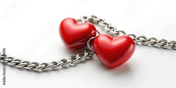 Fototapeta Two red hearts intertwined with a delicate silver chain and set against a soft white background