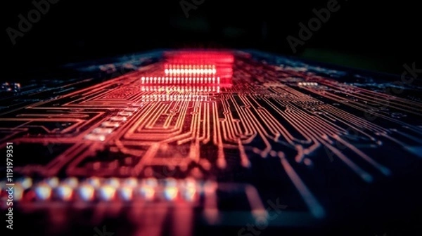 Fototapeta Futuristic Circuit Board  Red Technology Background  Abstract Digital Data  Innovation  El