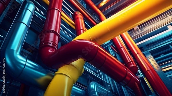 Fototapeta A series of pipes are shown in different colors, with some being red, yellow, and blue. Concept of complexity and organization, as the pipes are arranged in a way that suggests a well-planned system
