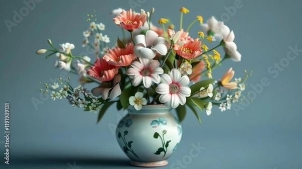 Fototapeta A vibrant floral arrangement in a decorative vase, showcasing various colorful flowers.
