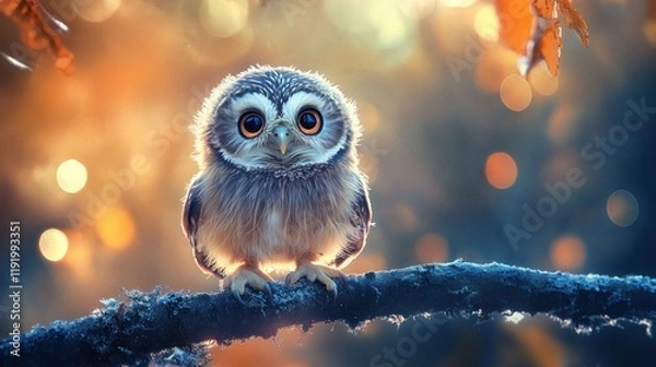 Fototapeta Adorable baby owl perched on a branch, backlit by warm autumnal light.