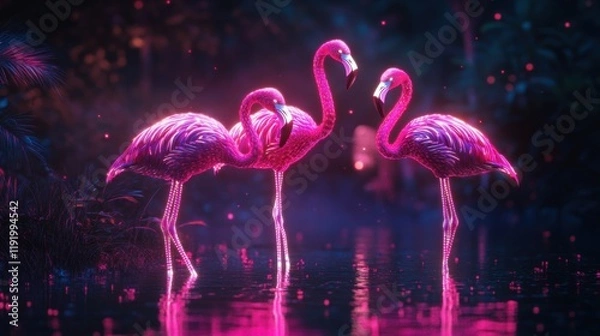 Obraz Three Neon Pink Flamingos in a Tropical Night Scene Glowing Feathers Digital Art