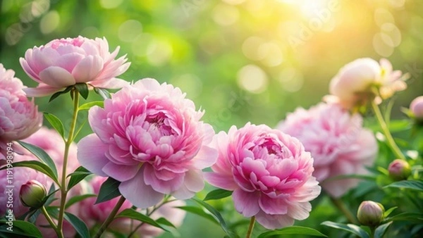 Fototapeta Soft pink peonies with delicate petals and lush greenery in a serene garden setting , pink flowers, garden