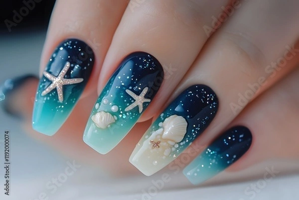 Fototapeta Ocean-Inspired Nail Art Design: Teal and Navy Ombre with Starfish and Seashells