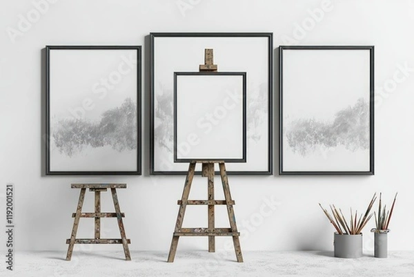 Fototapeta Simple art studio with an easel and three mockup frames showing unique 3D perspectives for ad promotions.