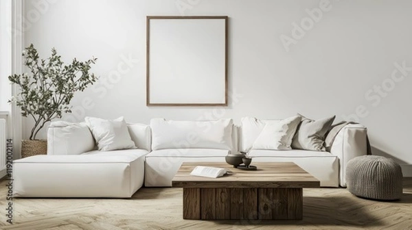 Fototapeta Clean Scandinavian space with a white modular sofa, wooden table, and 3D mockup frame tilted for dynamic ad visuals.