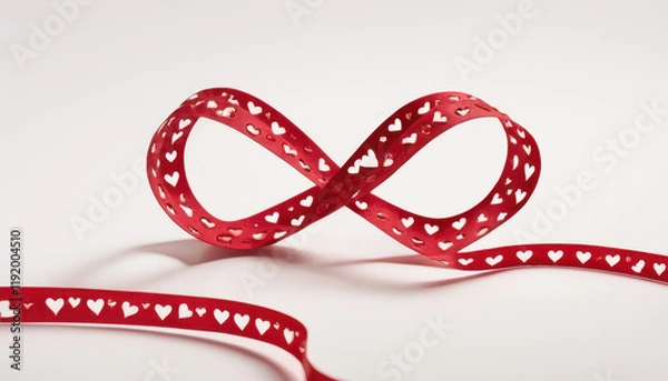 Fototapeta Red ribbon curled into heart shapes with scattered small red hearts