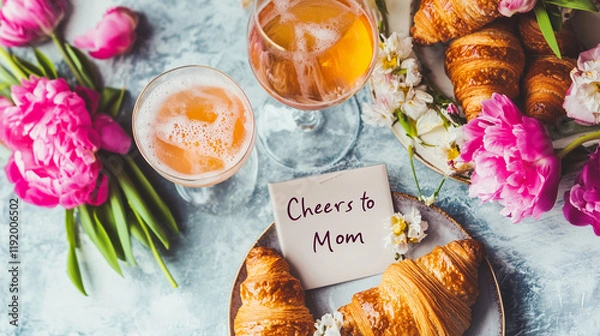 Obraz Flatlay of a mother's day brunch setup with a mimosa, croissants, and flowers, with space for a "Cheers to Mom" message