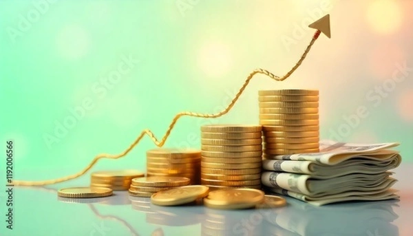 Fototapeta A Stacks of gold coins with an upward trending graph, representing financial growth and investment.
