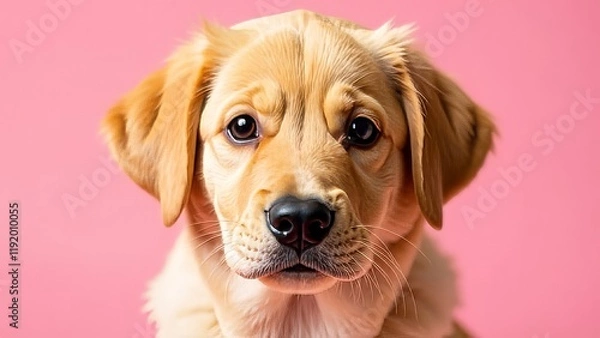 Obraz Portrait of cute golden retriever puppy looking at the camera on pink background. Young dog banner for stores, veterinarian clinic of shelters. Dog friendly place.
