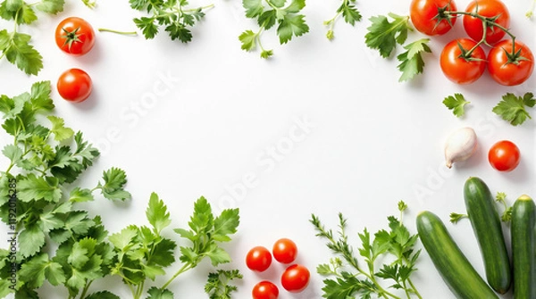 Fototapeta Minimalist Flat Lay of Fresh Herbs and Vegetables on White Background, including basil, parsley, cherry tomatoes, cucumbers, and garlic
