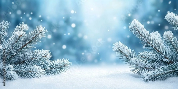 Fototapeta A snowy background with pine trees and pine cones