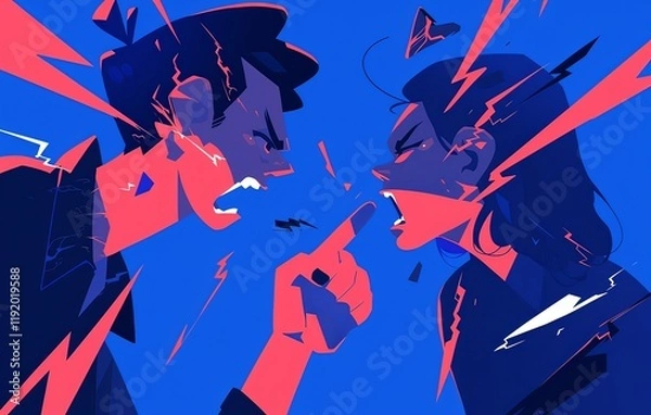 Fototapeta two people engaged in an argument, with sparks emanating from their heads and red lightning bolts in a dark blue background