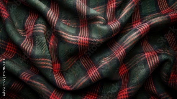 Fototapeta A close-up of a textured fabric featuring a green and red plaid pattern.