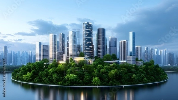Fototapeta Urban skyline development on island futuristic city aerial view nature integration modern architecture