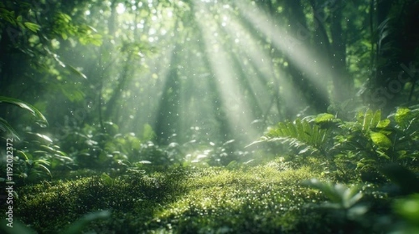 Fototapeta Sunbeams Through the Forest Canopy: A Serene Green Oasis