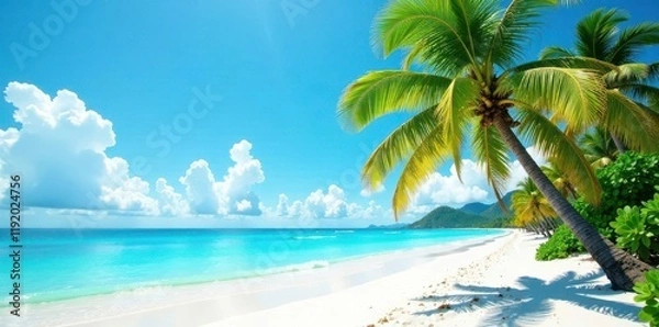 Fototapeta Beachy tropical palm tree print with vibrant colors and white sandy shore, nature scene, colorful art