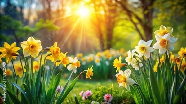 Fototapeta Daffodils swaying gently in a garden amidst lush greenery and vibrant spring flowers