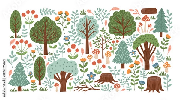 Obraz Collection of spring summer forest elements. Trees, bushes, stumps, flowers and mushrooms. Botanical elements set. Vector illustration.