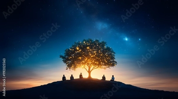 Fototapeta Illuminated tree gathering serene landscape nature scene night sky tranquil setting community connection